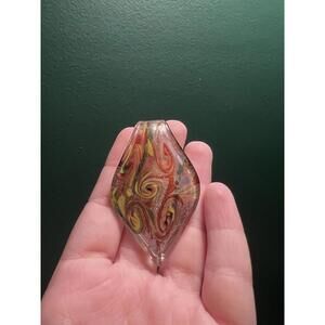 Murano Art Glass Leaf Pendant W/ Colorful Swirl Pattern With Gold Sparkle Accent
